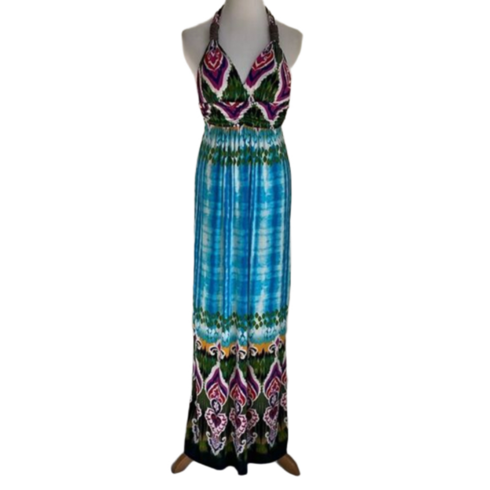Maxi dress size Small colorful summer dress elastic waist and neck